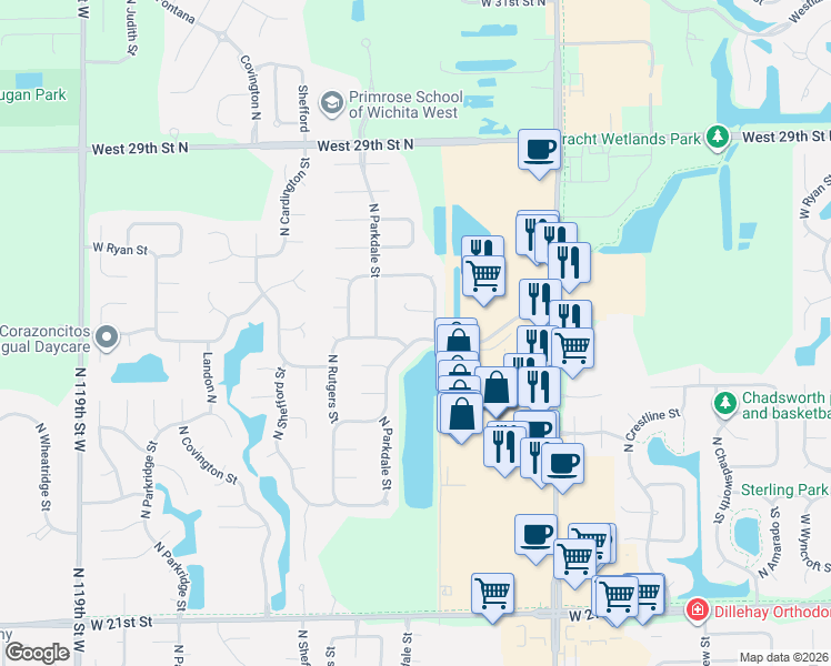 map of restaurants, bars, coffee shops, grocery stores, and more near 10904 West Central Park Street in Wichita