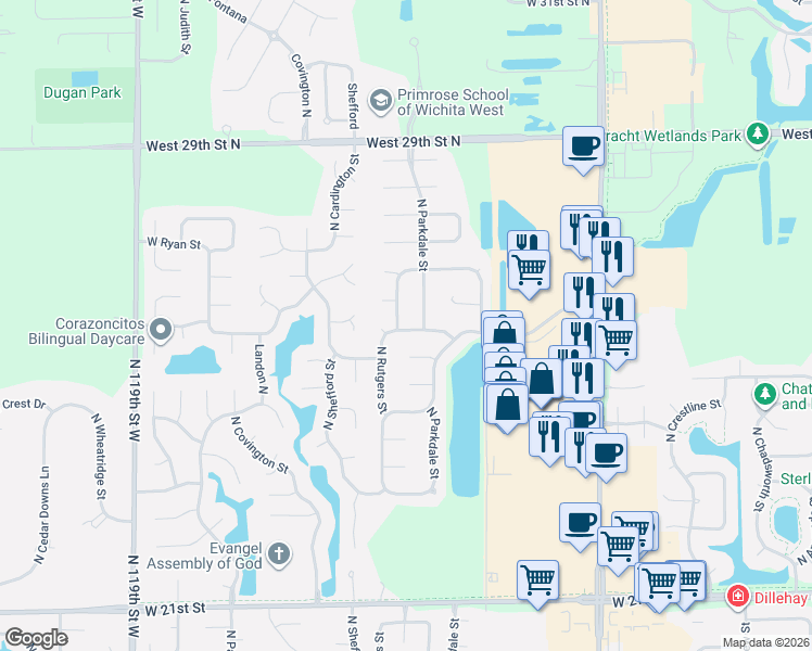 map of restaurants, bars, coffee shops, grocery stores, and more near 11009 W Central Park St in Wichita