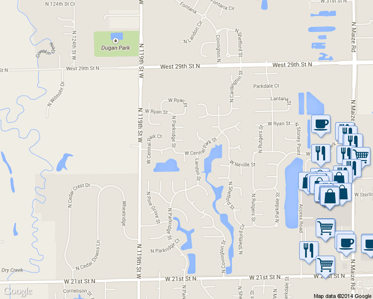 map of restaurants, bars, coffee shops, grocery stores, and more near 11633 West Central Park Court in Wichita