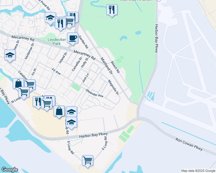 map of restaurants, bars, coffee shops, grocery stores, and more near 1042 Mangrove Lane in Alameda