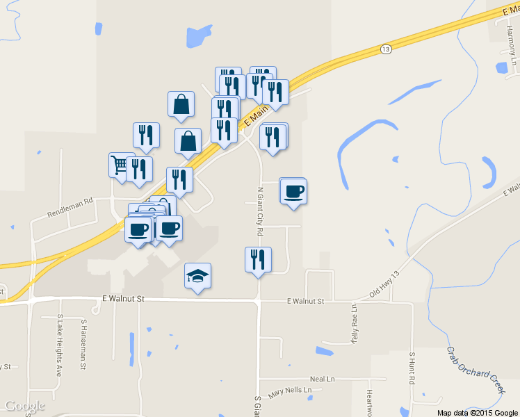 map of restaurants, bars, coffee shops, grocery stores, and more near 504 North Giant City Road in Carbondale