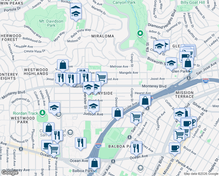 map of restaurants, bars, coffee shops, grocery stores, and more near 330 Hearst Avenue in San Francisco