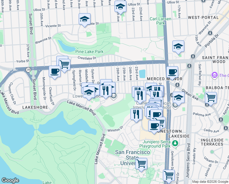 map of restaurants, bars, coffee shops, grocery stores, and more near 950 Eucalyptus Drive in San Francisco