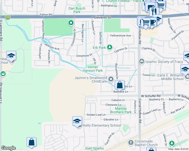 map of restaurants, bars, coffee shops, grocery stores, and more near 2472 Tennis Lane in Tracy