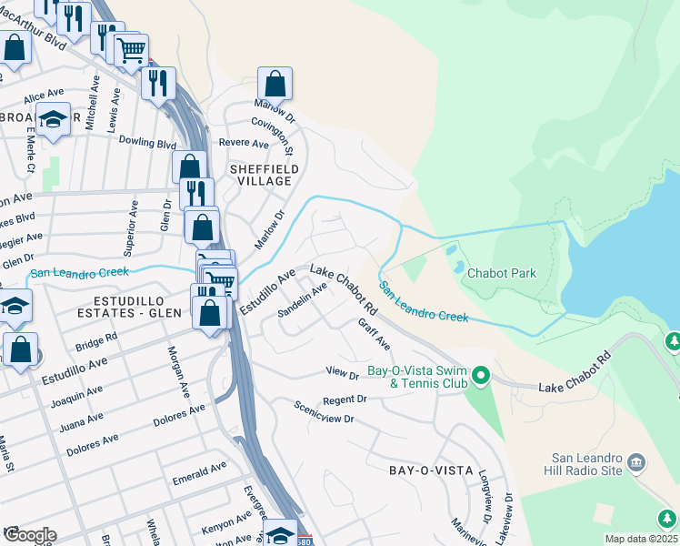 map of restaurants, bars, coffee shops, grocery stores, and more near 1390 Lake Chabot Road in San Leandro