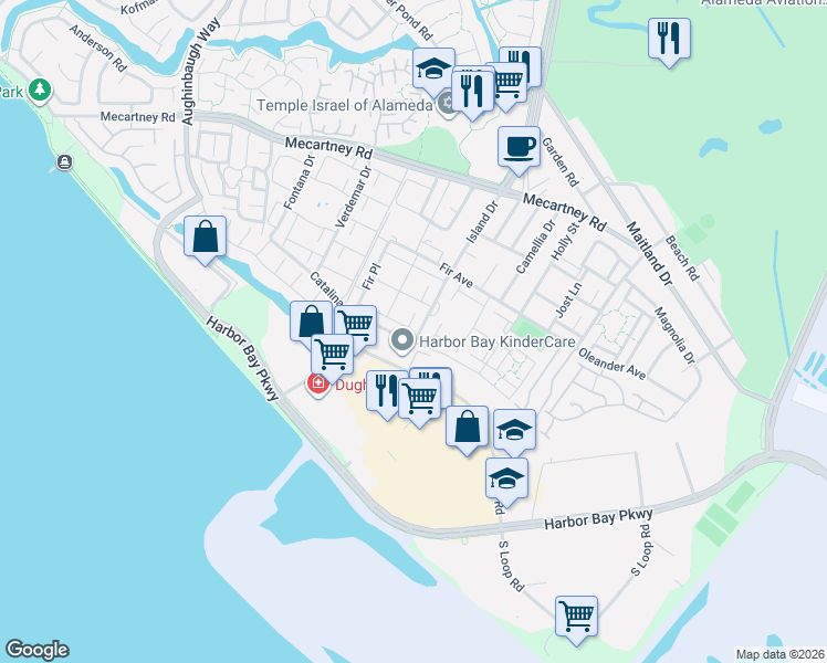 map of restaurants, bars, coffee shops, grocery stores, and more near 1174 Cook Lane in Alameda