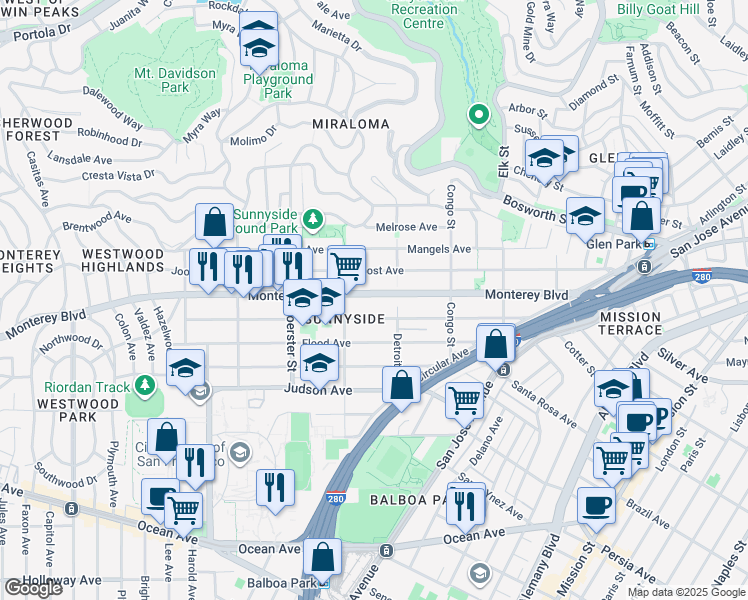 map of restaurants, bars, coffee shops, grocery stores, and more near 441 Monterey Boulevard in San Francisco