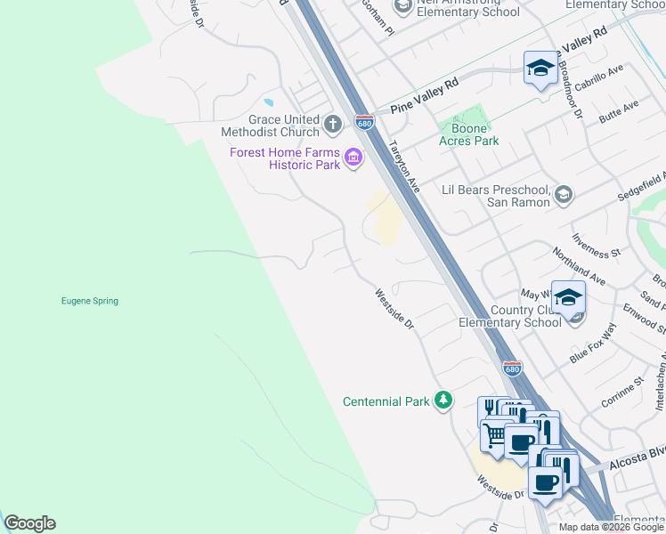map of restaurants, bars, coffee shops, grocery stores, and more near 5007 Westside Drive in San Ramon