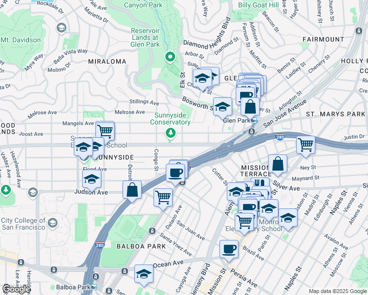 map of restaurants, bars, coffee shops, grocery stores, and more near 195 Monterey Boulevard in San Francisco