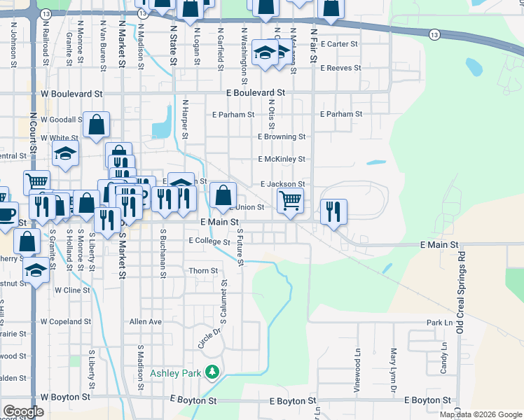 map of restaurants, bars, coffee shops, grocery stores, and more near 818 East Main Street in Marion