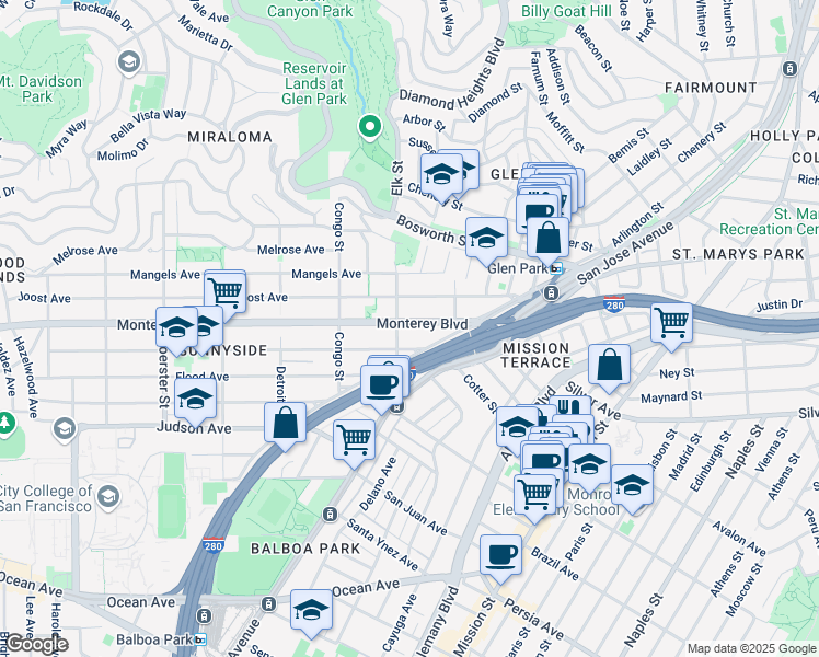 map of restaurants, bars, coffee shops, grocery stores, and more near 179 Monterey Boulevard in San Francisco