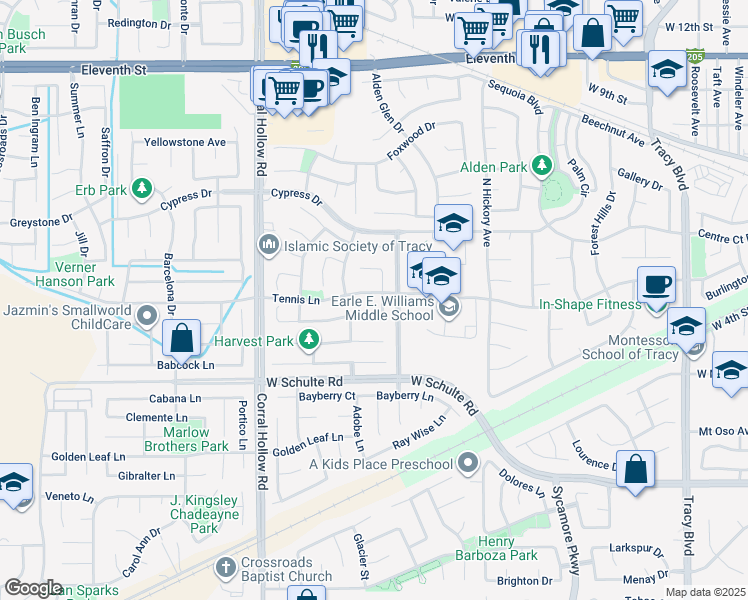 map of restaurants, bars, coffee shops, grocery stores, and more near 210 Thomas Dehaven Lane in Tracy