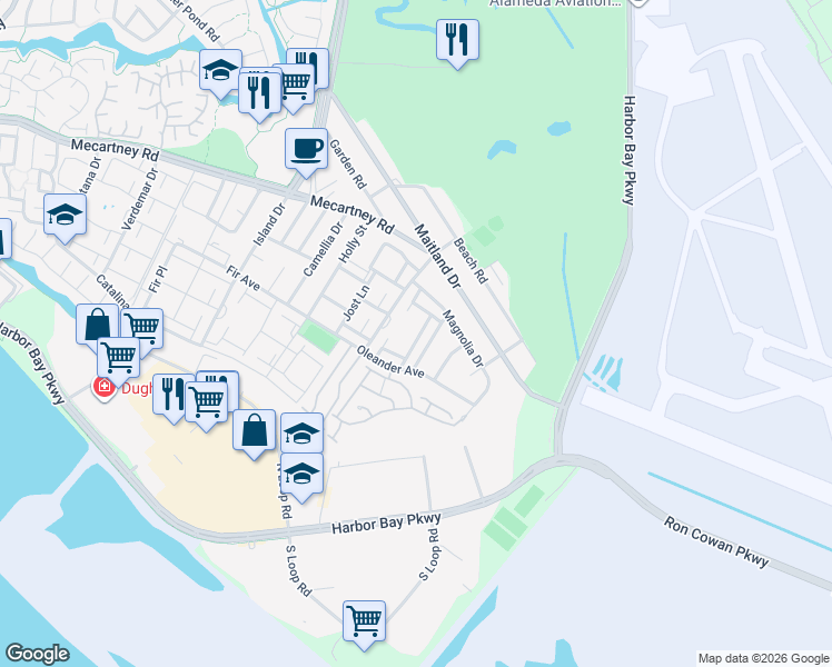 map of restaurants, bars, coffee shops, grocery stores, and more near 1065 Kingston Lane in Alameda