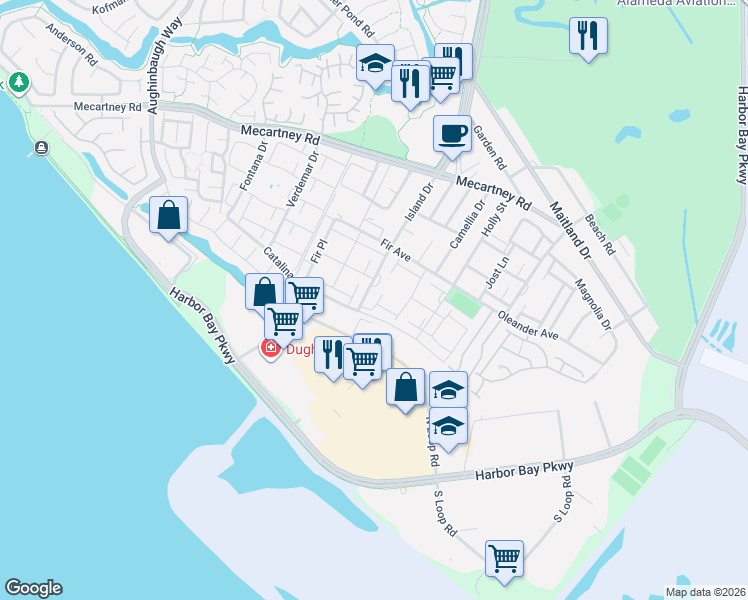 map of restaurants, bars, coffee shops, grocery stores, and more near 1174 Cook Lane in Alameda