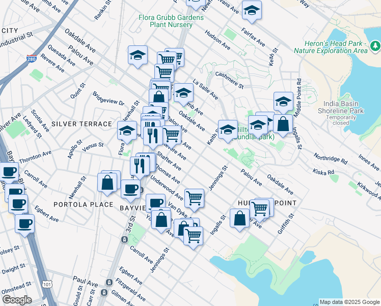 map of restaurants, bars, coffee shops, grocery stores, and more near 1605 Keith Street in San Francisco