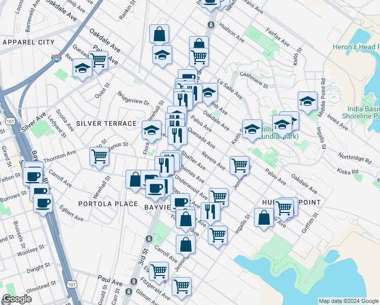 map of restaurants, bars, coffee shops, grocery stores, and more near 1615 Shafter Avenue in San Francisco