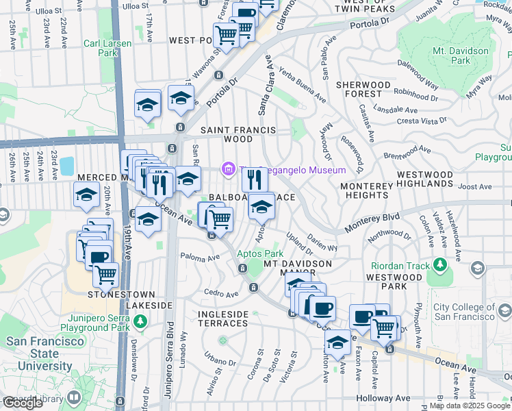 map of restaurants, bars, coffee shops, grocery stores, and more near 55 Aptos Avenue in San Francisco