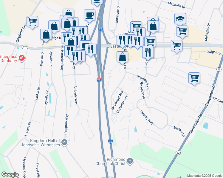 map of restaurants, bars, coffee shops, grocery stores, and more near 184 South Killarney Lane in Richmond
