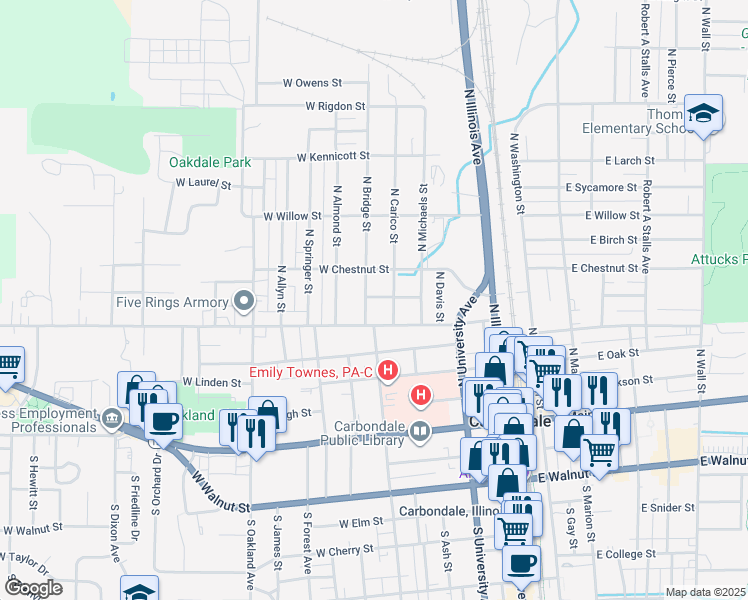 map of restaurants, bars, coffee shops, grocery stores, and more near 504 North Bridge Street in Carbondale