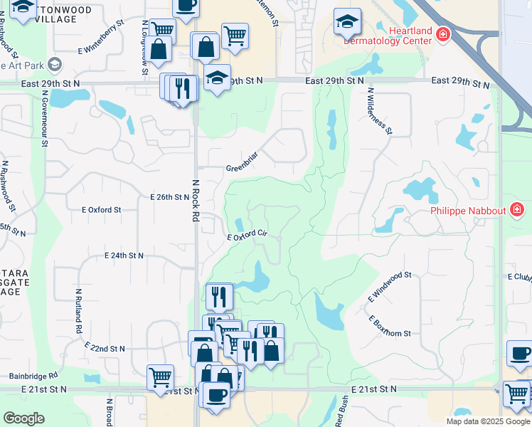 map of restaurants, bars, coffee shops, grocery stores, and more near 8220 East Oxford Circle in Wichita