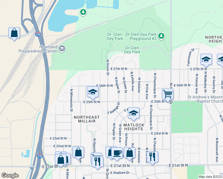 map of restaurants, bars, coffee shops, grocery stores, and more near 2637 North Grove Street in Wichita