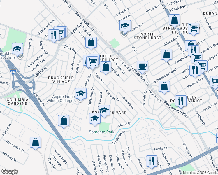 map of restaurants, bars, coffee shops, grocery stores, and more near 10900 Edes Avenue in Oakland