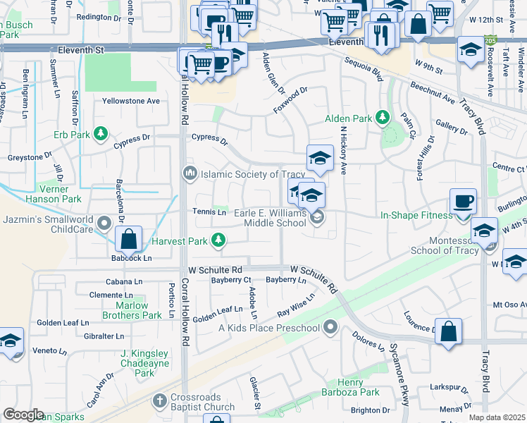 map of restaurants, bars, coffee shops, grocery stores, and more near 210 Thomas Dehaven Lane in Tracy