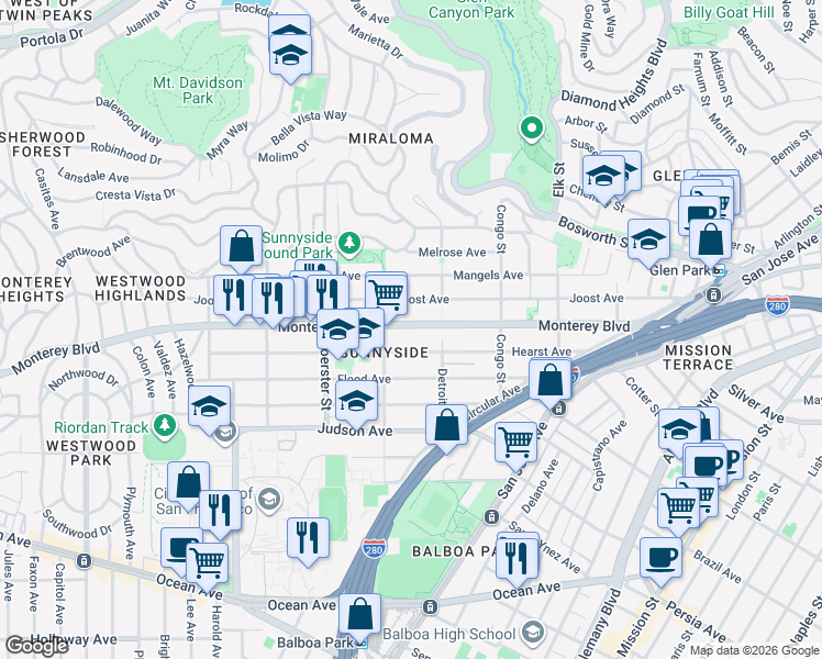 map of restaurants, bars, coffee shops, grocery stores, and more near 453 Monterey Boulevard in San Francisco