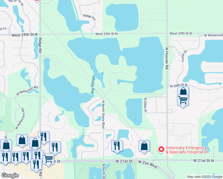 map of restaurants, bars, coffee shops, grocery stores, and more near 1532 North North Shore Court in Wichita