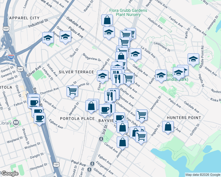 map of restaurants, bars, coffee shops, grocery stores, and more near 60 Latona Street in San Francisco