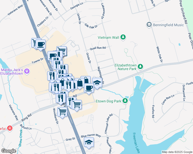 map of restaurants, bars, coffee shops, grocery stores, and more near Wingfield Court in Elizabethtown