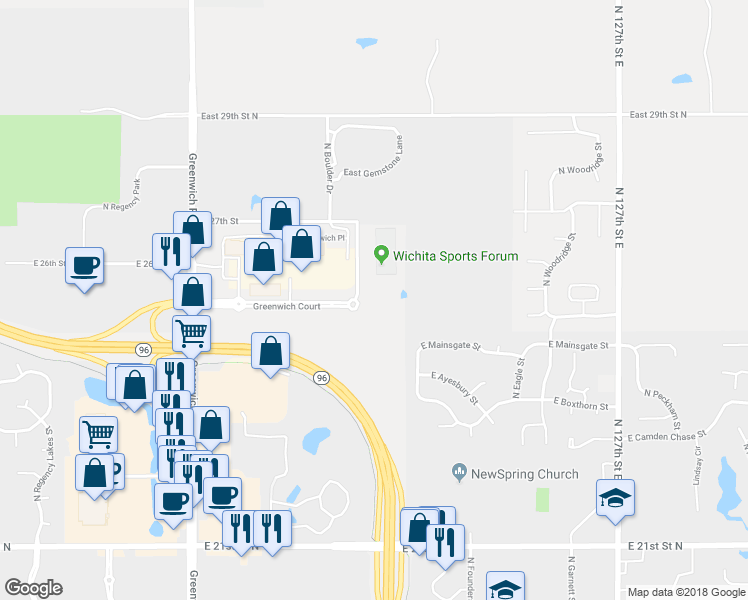 map of restaurants, bars, coffee shops, grocery stores, and more near 2660 North Greenwich Road in Wichita