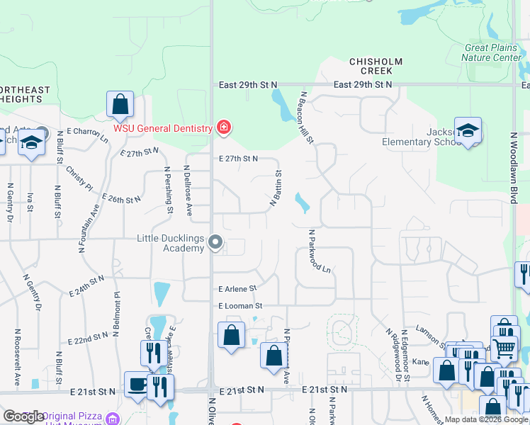map of restaurants, bars, coffee shops, grocery stores, and more near 5935 East Pembrook Court in Wichita