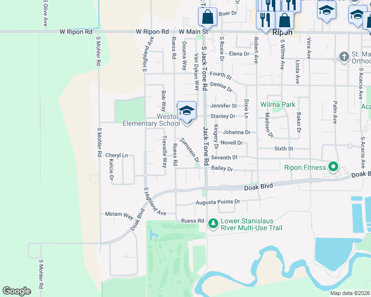 map of restaurants, bars, coffee shops, grocery stores, and more near 923 Zumstein Drive in Ripon
