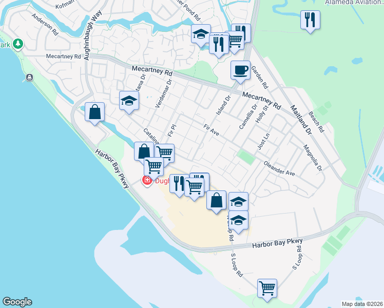 map of restaurants, bars, coffee shops, grocery stores, and more near 1174 Cook Lane in Alameda