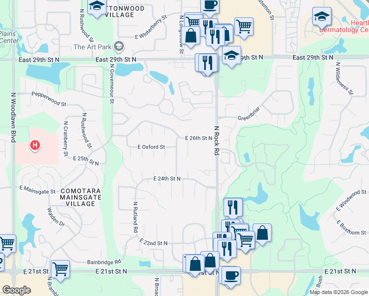 map of restaurants, bars, coffee shops, grocery stores, and more near 2542-2554 North Longfellow Street in Wichita