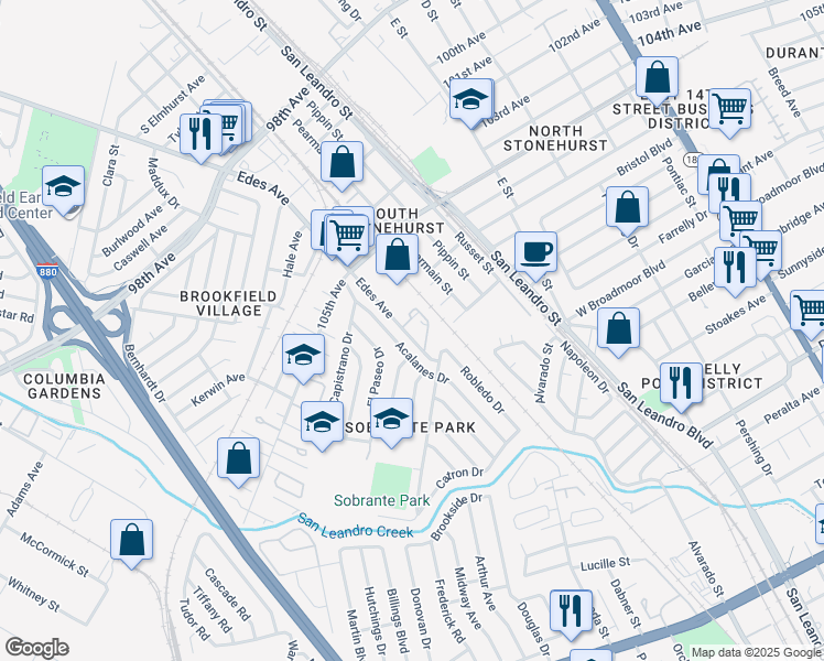 map of restaurants, bars, coffee shops, grocery stores, and more near 10900 Edes Avenue in Oakland