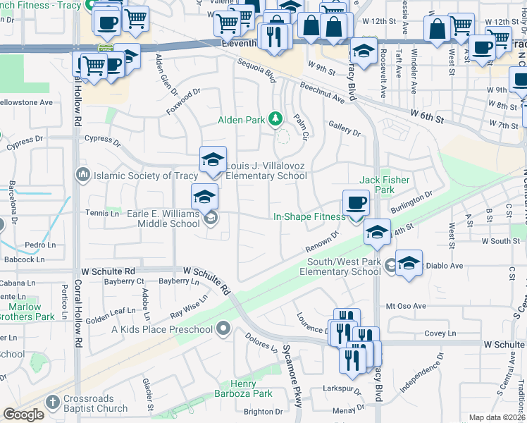 map of restaurants, bars, coffee shops, grocery stores, and more near 1380 Tennis Lane in Tracy