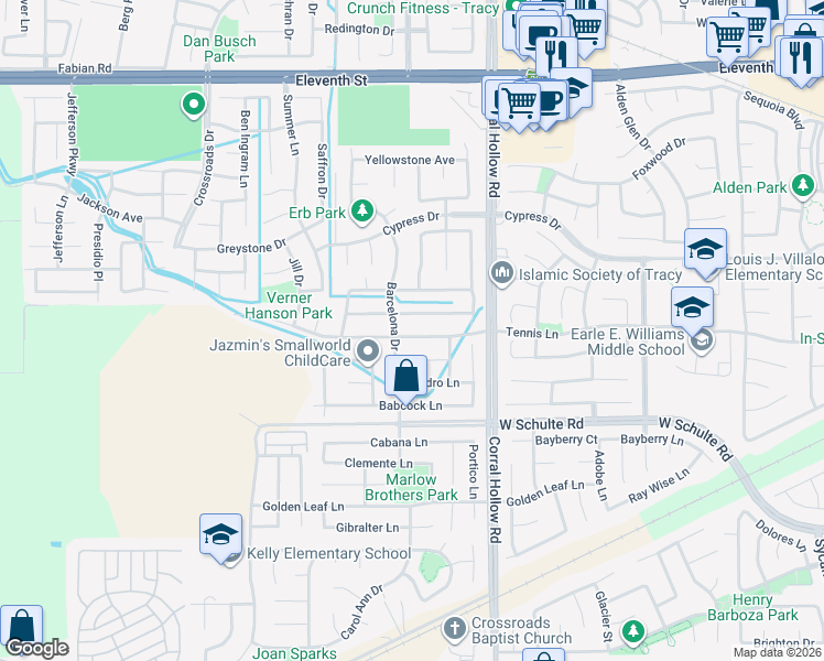 map of restaurants, bars, coffee shops, grocery stores, and more near 266 Barcelona Drive in Tracy