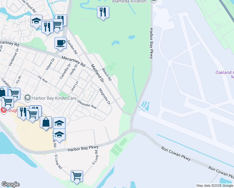 map of restaurants, bars, coffee shops, grocery stores, and more near 354 Maitland Drive in Alameda