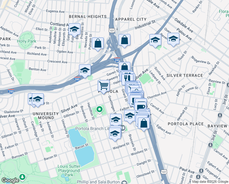 map of restaurants, bars, coffee shops, grocery stores, and more near 212 Silliman Street in San Francisco