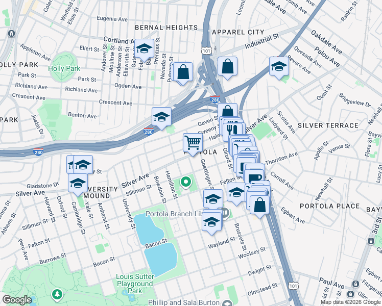 map of restaurants, bars, coffee shops, grocery stores, and more near in San Francisco