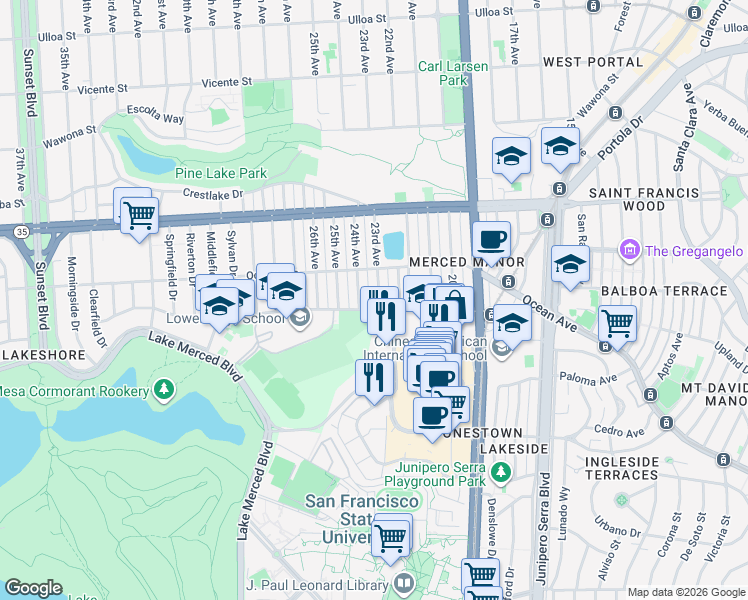 map of restaurants, bars, coffee shops, grocery stores, and more near 601 Eucalyptus Drive in San Francisco