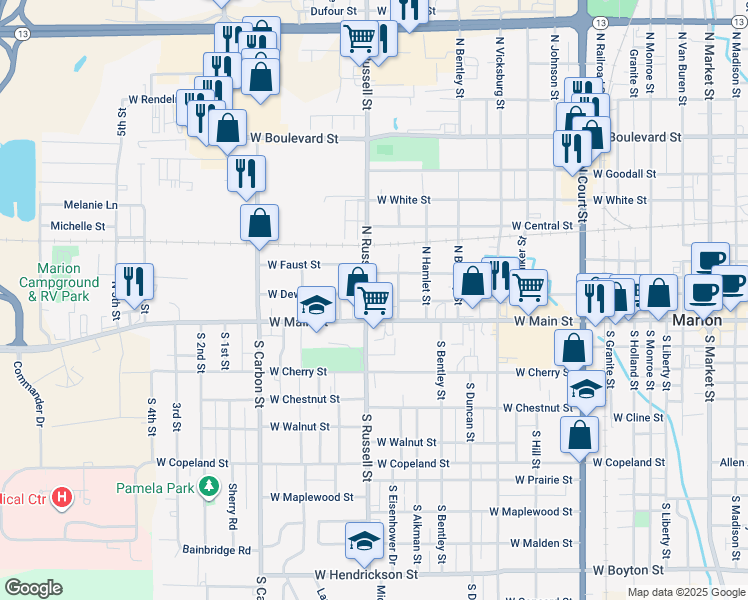 map of restaurants, bars, coffee shops, grocery stores, and more near 1406 West Main Street in Marion