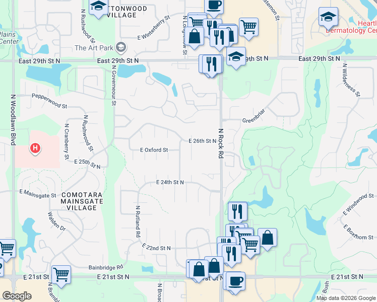 map of restaurants, bars, coffee shops, grocery stores, and more near 2542-2554 North Longfellow Street in Wichita