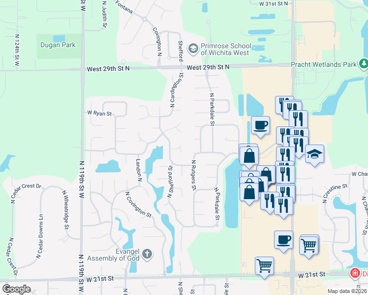 map of restaurants, bars, coffee shops, grocery stores, and more near 2623 North Rutgers Street in Wichita