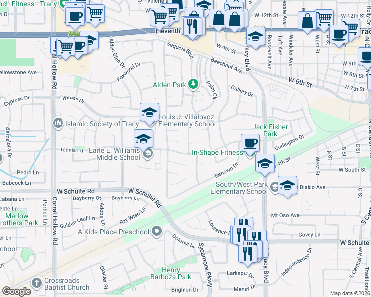 map of restaurants, bars, coffee shops, grocery stores, and more near 1380 Tennis Lane in Tracy