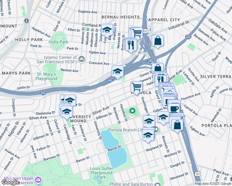 map of restaurants, bars, coffee shops, grocery stores, and more near 378 Sweeny Street in San Francisco