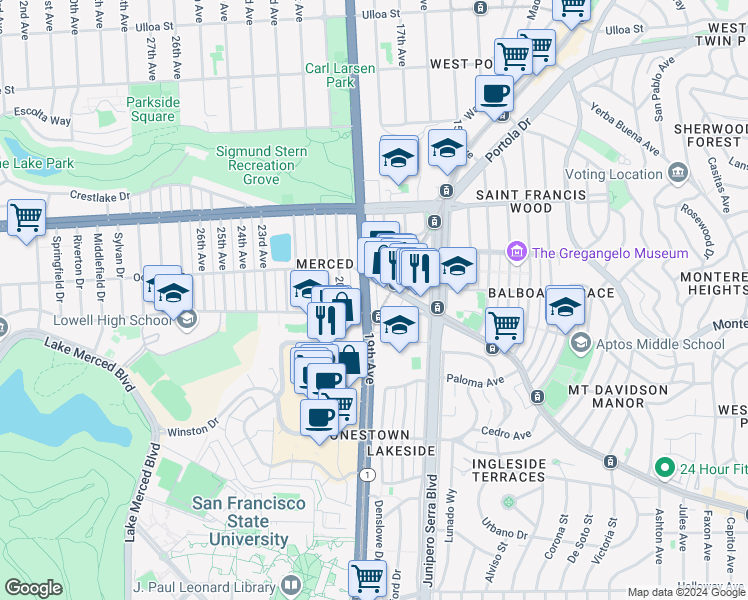 map of restaurants, bars, coffee shops, grocery stores, and more near 3060 19th Avenue in San Francisco