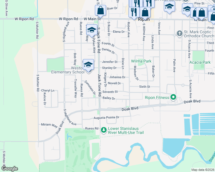 map of restaurants, bars, coffee shops, grocery stores, and more near 967 Kingery Drive in Ripon